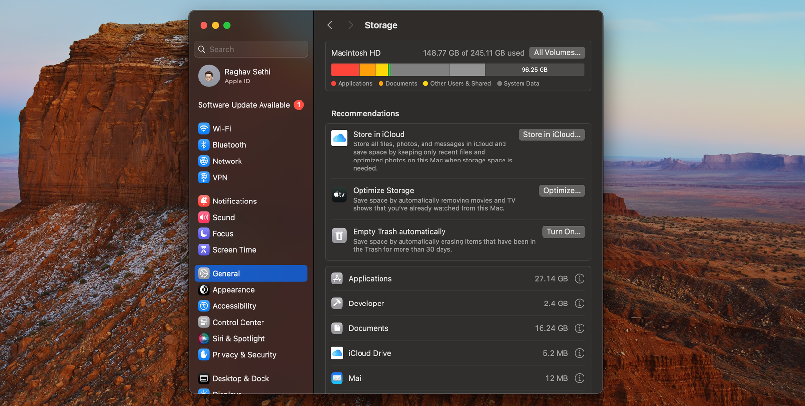 Окно настроек macOS с разделом Storage