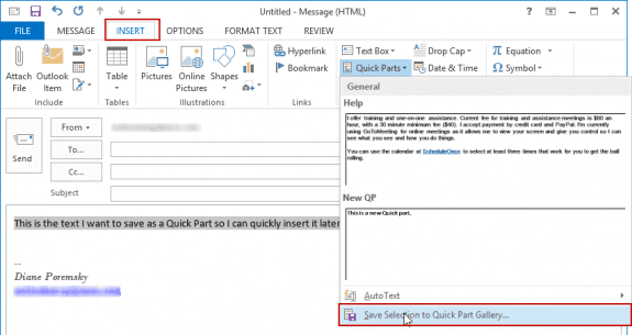 Crear, compartir y exportar Quick Parts en Outlook