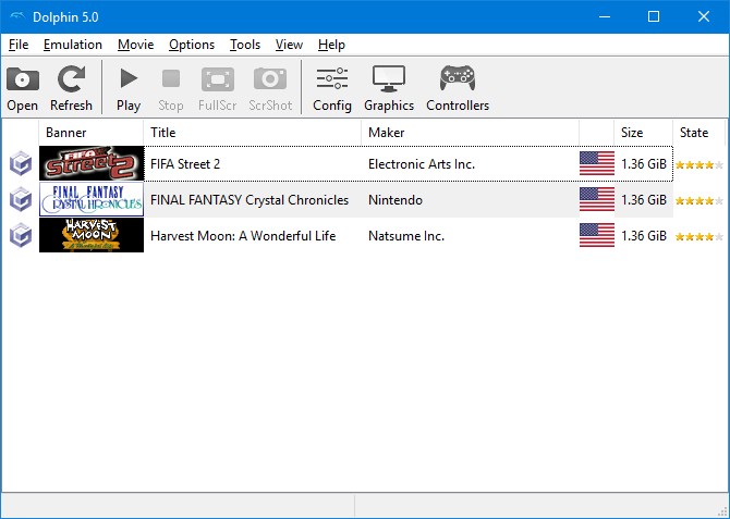 интерфейс Dolphin: окно настроек контроллера и список игр