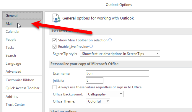 Выбор раздела Почта