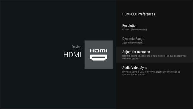 Опция Adjust for overscan в меню HDMI SHIELD