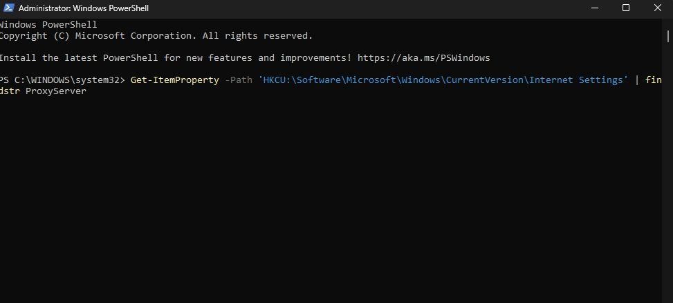 Окно PowerShell с командой для проверки прокси