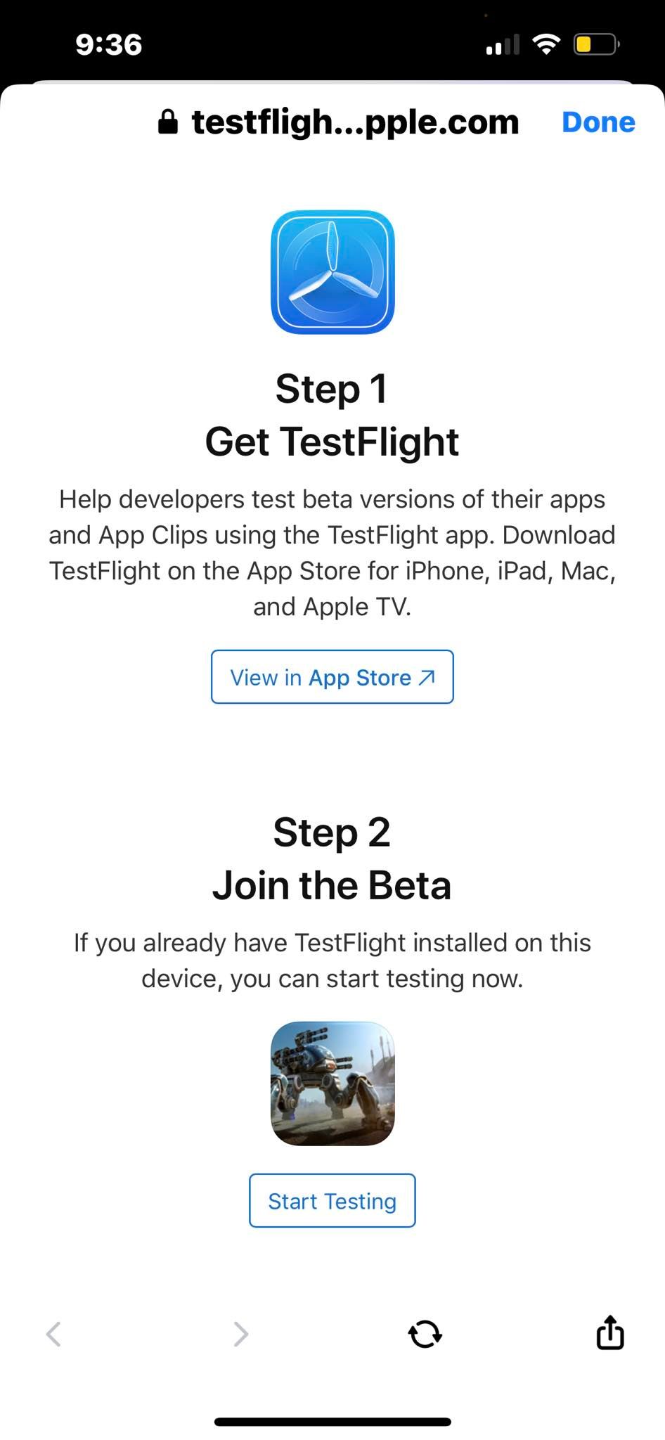 Клик по публичной ссылке приглашения на бета‑тест iOS