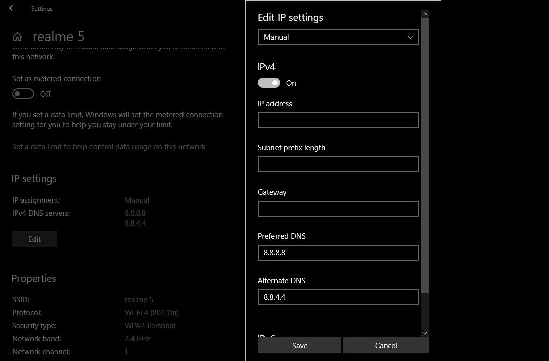 Изменение DNS-серверов в параметрах IP в Windows