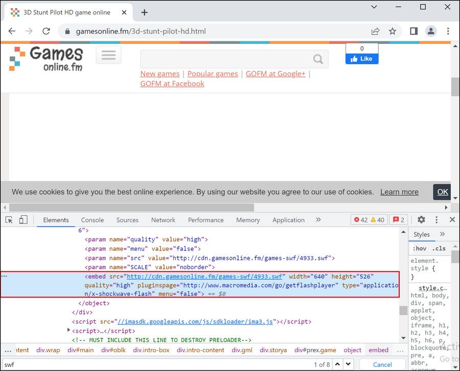 Подсвеченный embed‑элемент с ссылкой на SWF