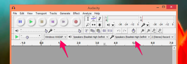 Audacity : sélection de l'hôte audio Windows WASAPI et option loopback