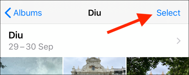 Просмотр альбома фотографий с кнопкой Выбрать в правом верхнем углу