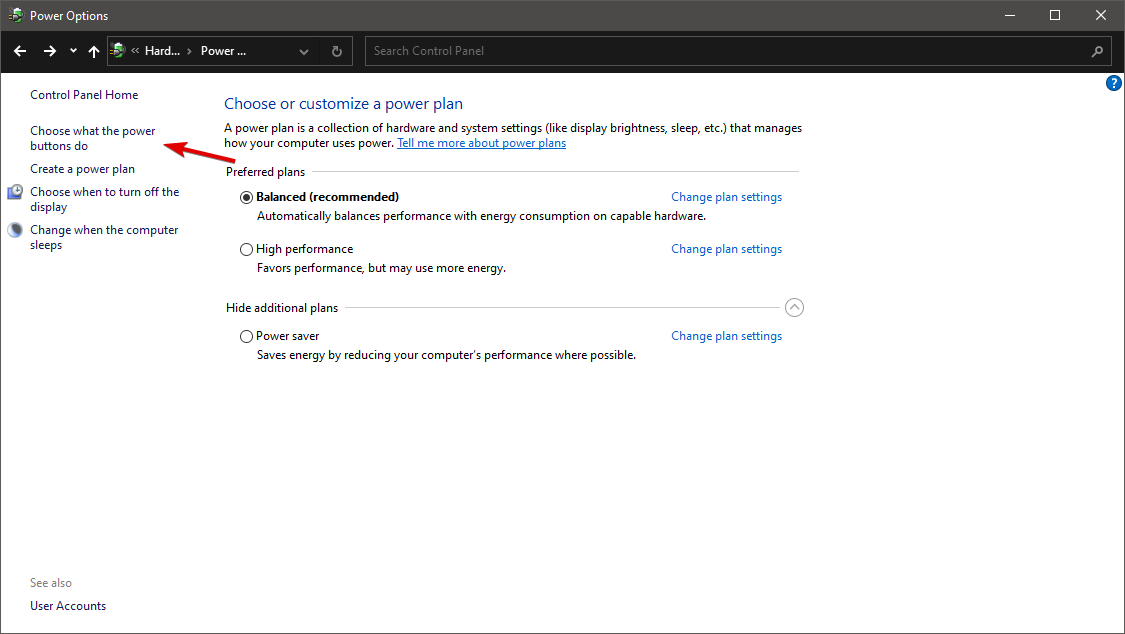 Выбор действий кнопок питания в параметрах электропитания