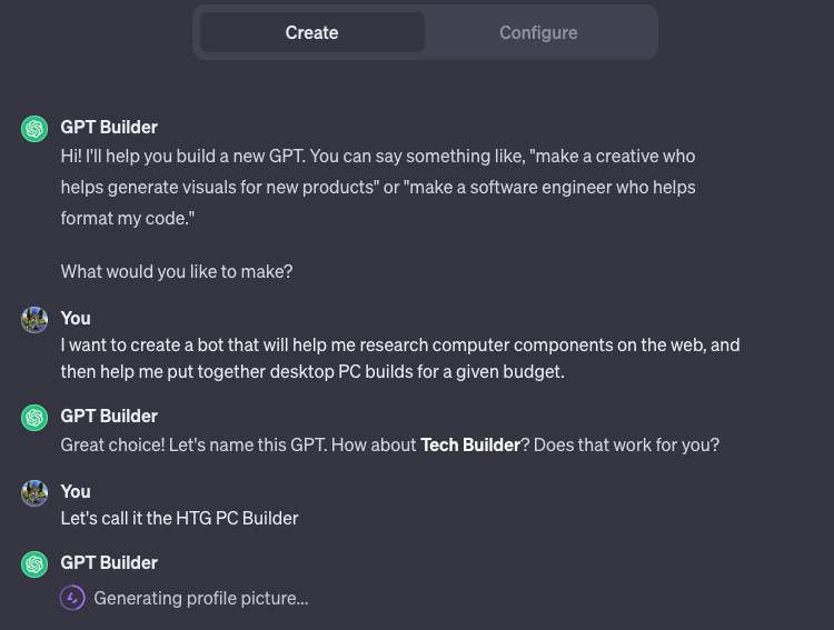 A convesation with GPT Builder asking for the  Name and Profile image of the users requested custom Chatbot.