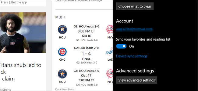 Окно дополнительных настроек Edge