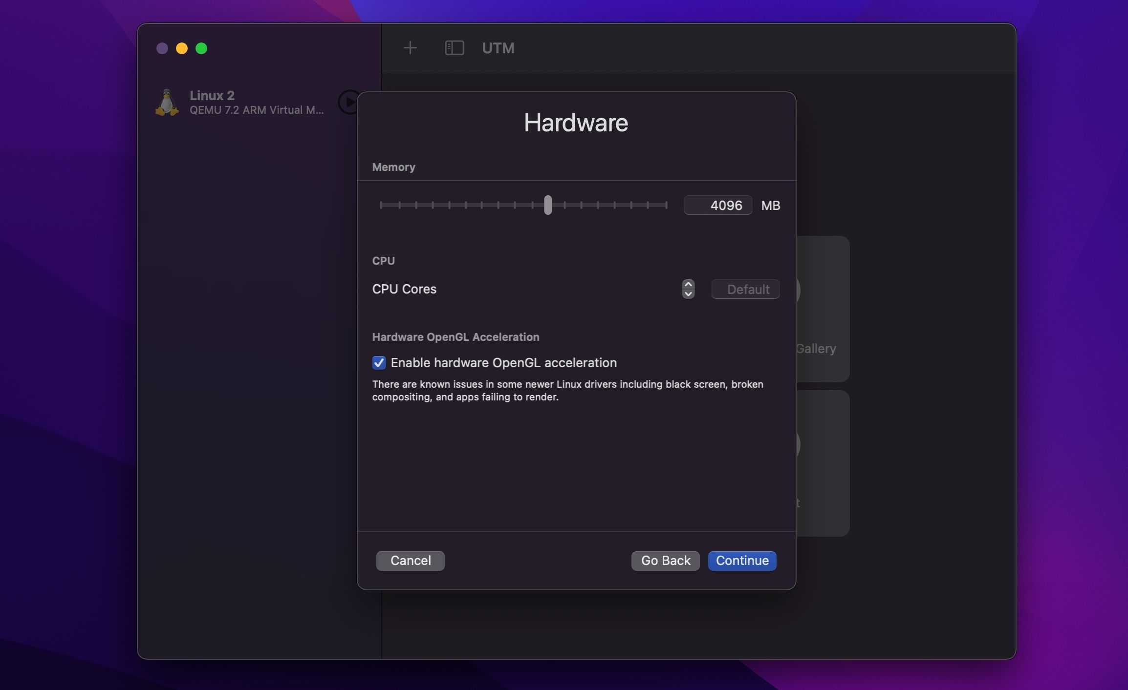 Configuring CPU and Memory for Ubuntu VM in UTM