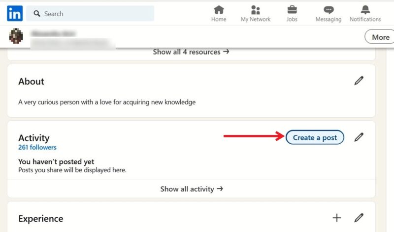 Кнопка Создать публикацию в LinkedIn на ПК