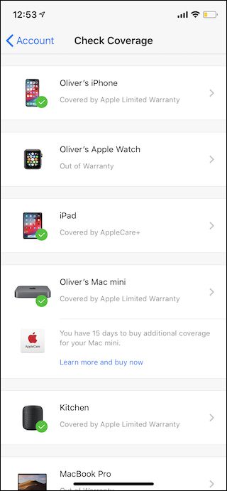 Экран со списком устройств и статусом AppleCare