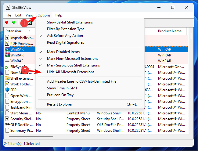 Скрыть расширения Microsoft в ShellExView