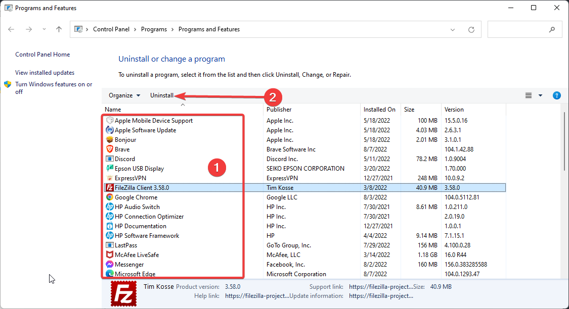 Опция удаления приложения в Windows