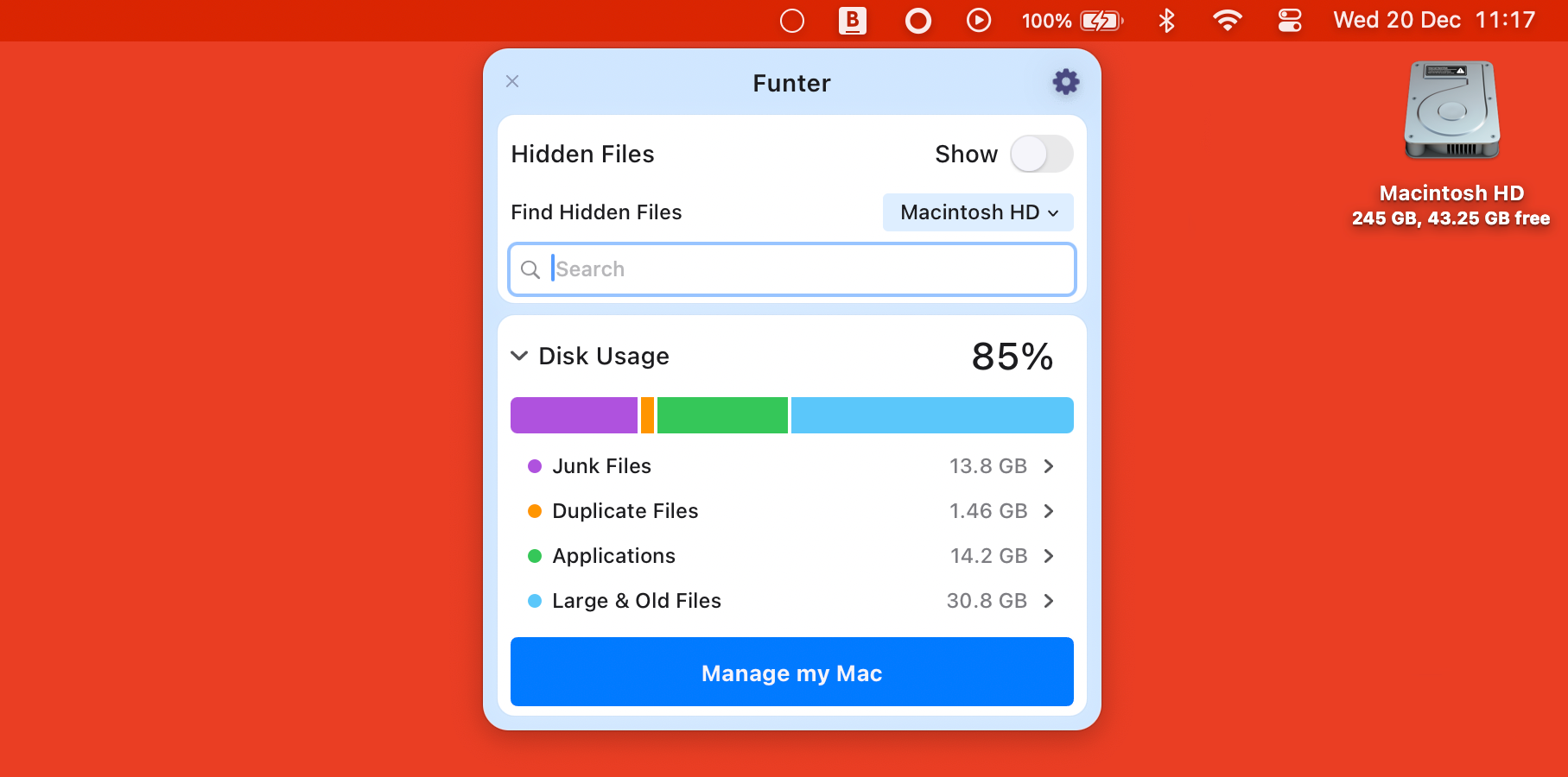 Поиск в Funter для обнаружения скрытых файлов и папок.