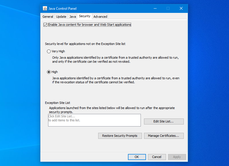 Панель управления Java — вкладка Безопасность