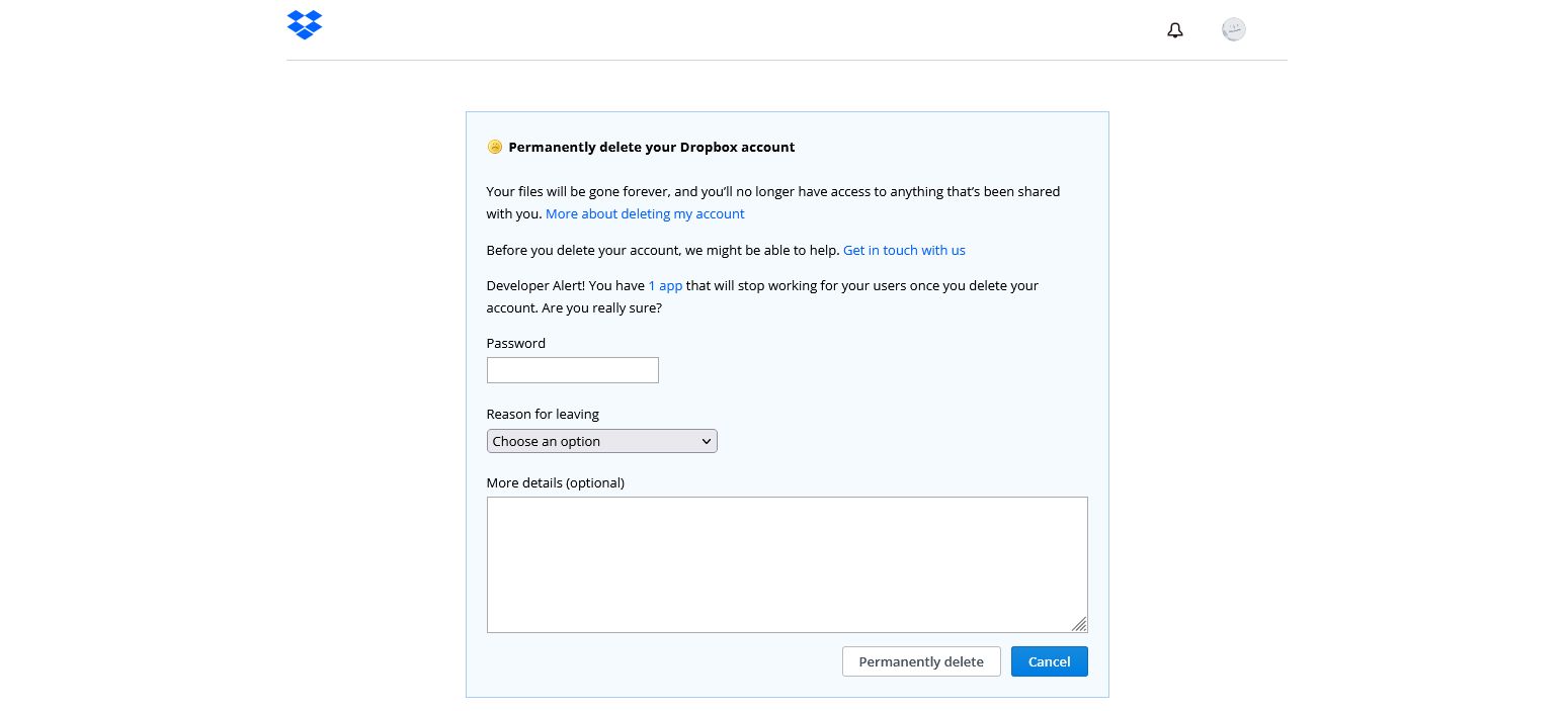 dropbox delete account form