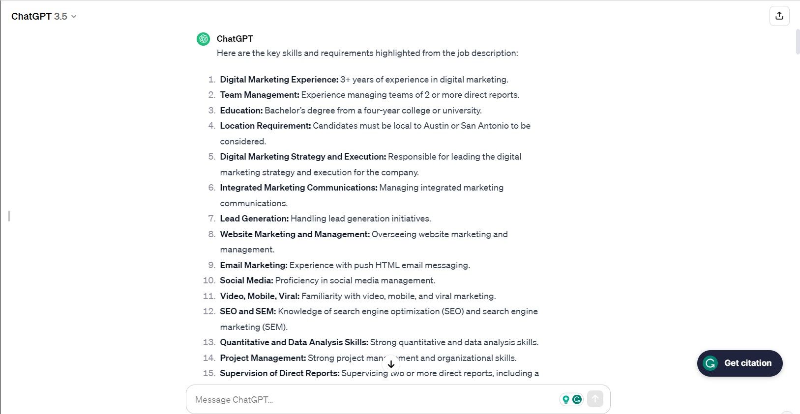 Описание вакансии на примере менеджера цифрового маркетинга, вставленное в ChatGPT