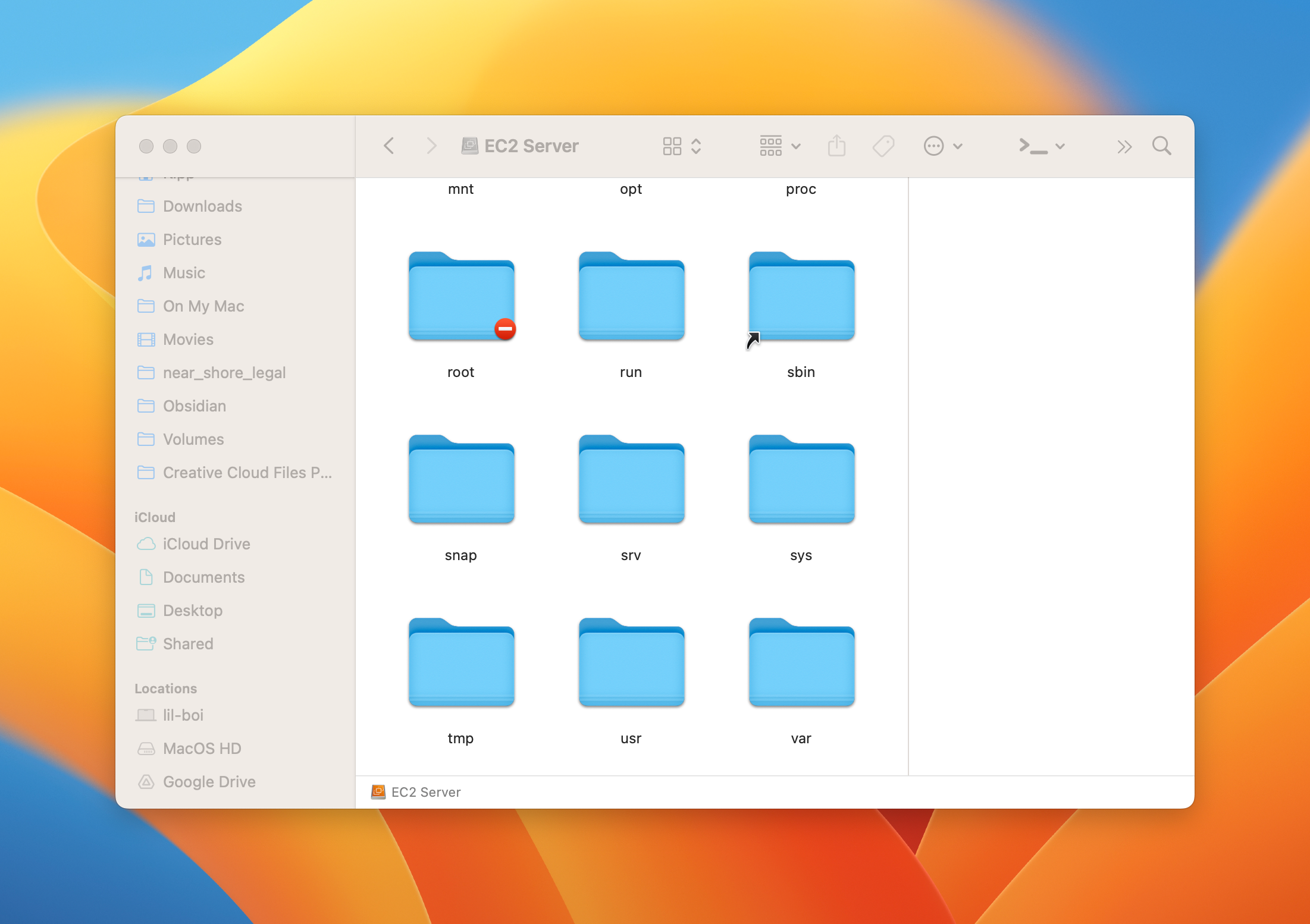 Просмотр моего веб‑сервера AWS EC2 в Finder с помощью macFUSE и SSHFS.