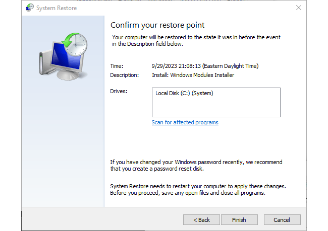 Последний этап процесса восстановления системы.