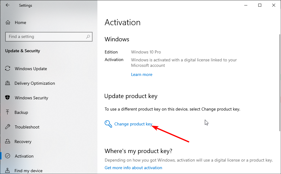 изменить ключ продукта