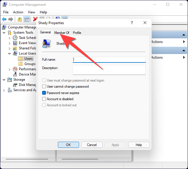 Вкладка «Членство в группах» в свойствах учётной записи.