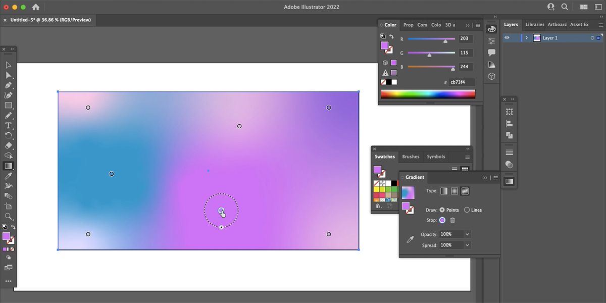Изменение цветов и расположение стопов в Freeform Gradient