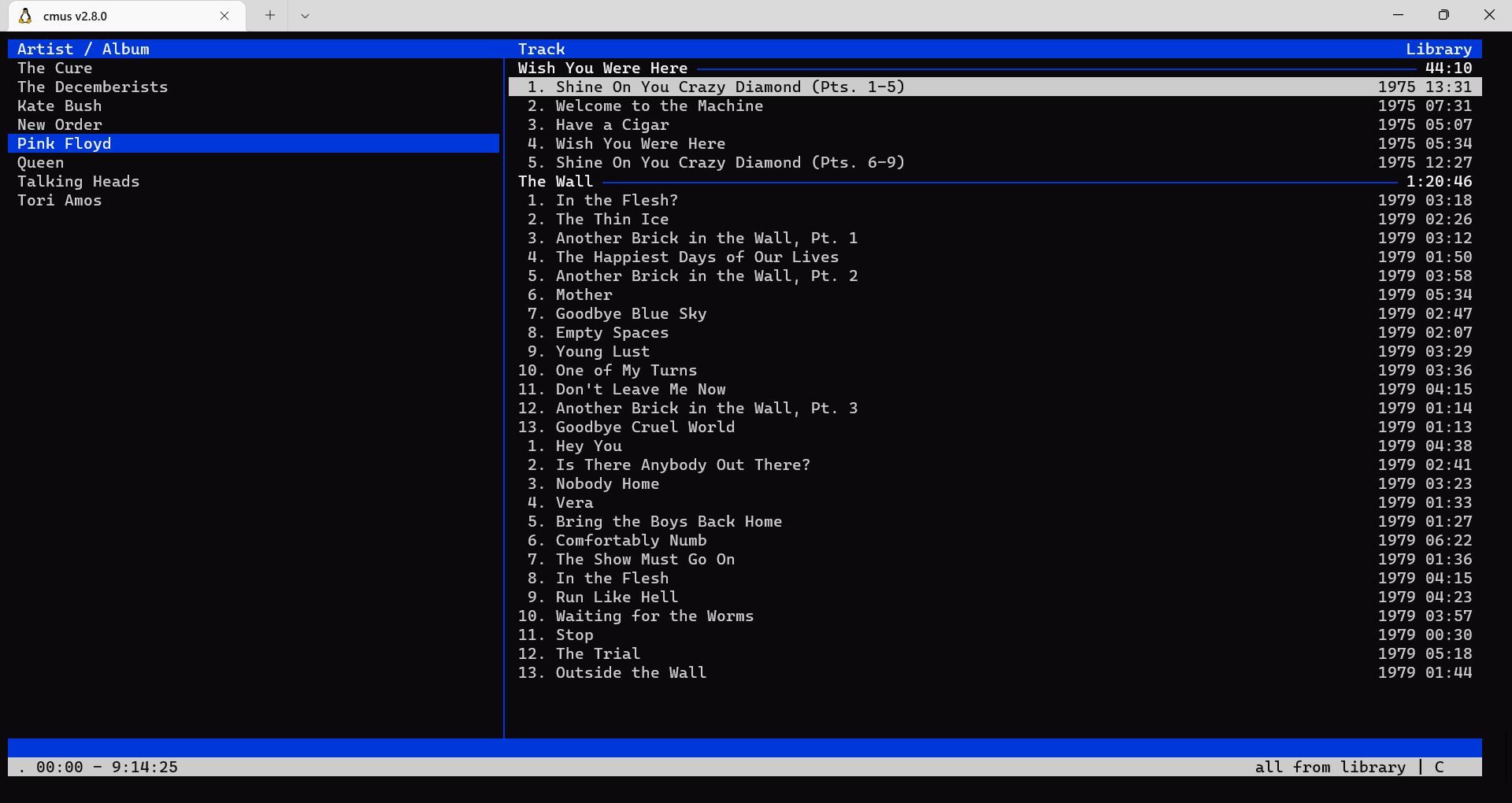 Экран библиотеки cmus в терминале