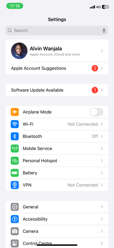 Главная страница настроек iPhone