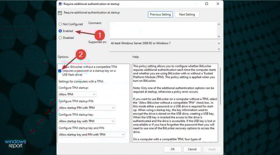Включение использования BitLocker без TPM с паролем или USB