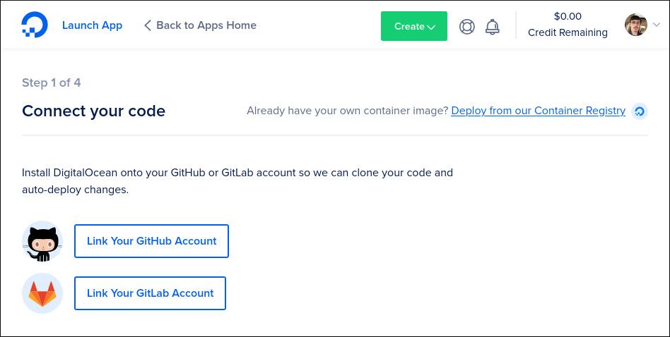 Скриншот создания приложения в App Platform