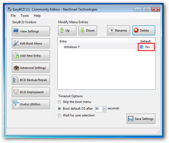 Установка Windows 7 по умолчанию в EasyBCD