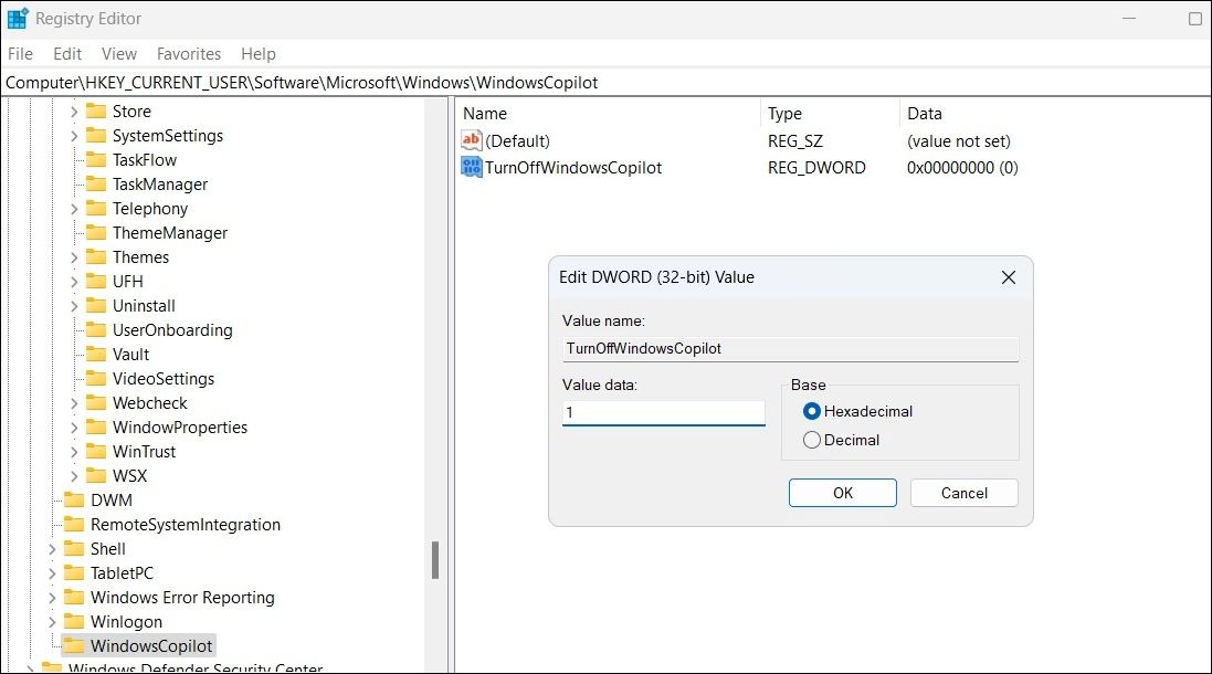 Отключение Windows Copilot через редактор реестра