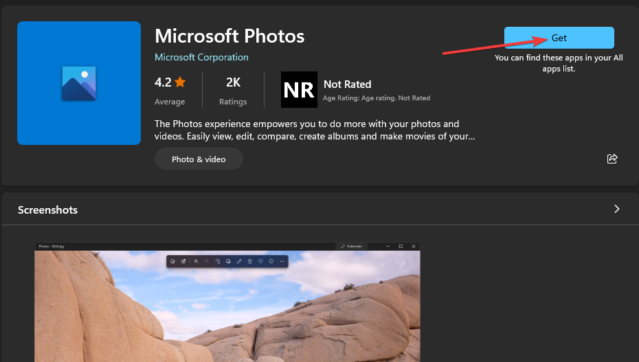 Страница приложения Microsoft Photos в Microsoft Store