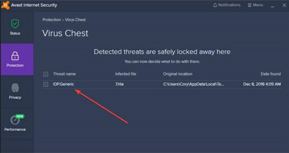 Окно антивирусного уведомления IDP.Generic
