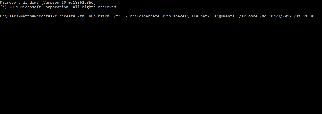 Пример команды schtasks для задания с пробелами в пути