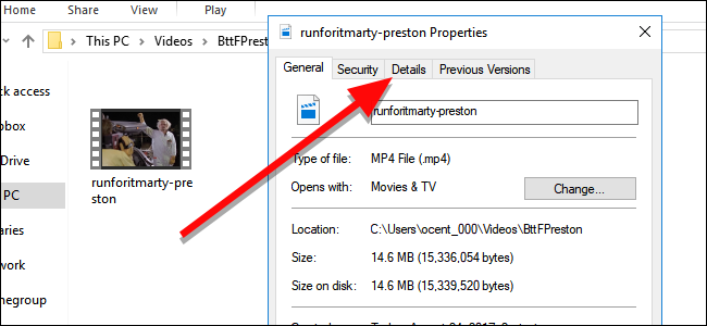 Окно свойств файла Windows — вкладка 'Подробно'