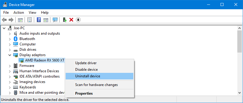 Удаление устройства в Диспетчере устройств