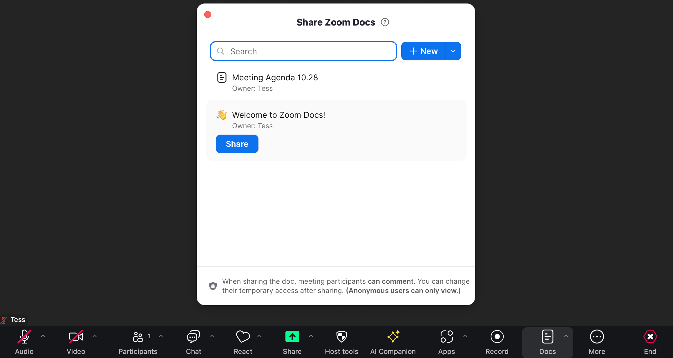Во время встречи пользователь открывает диалог для совместного шаринга документа