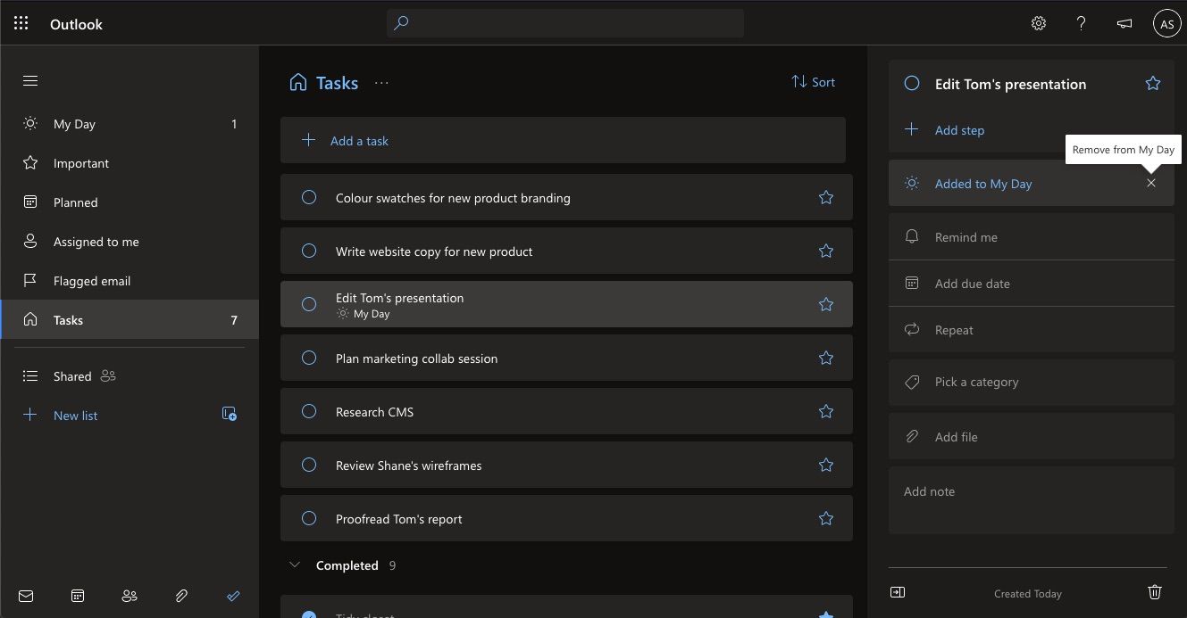 Опции перемещения задач и добавления в My Day