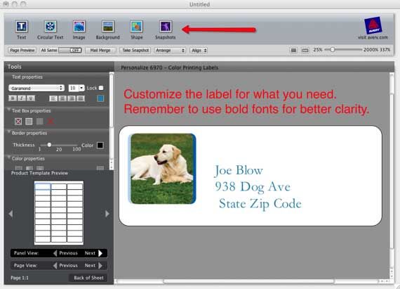 Импорт изображения и размещение на шаблоне Avery