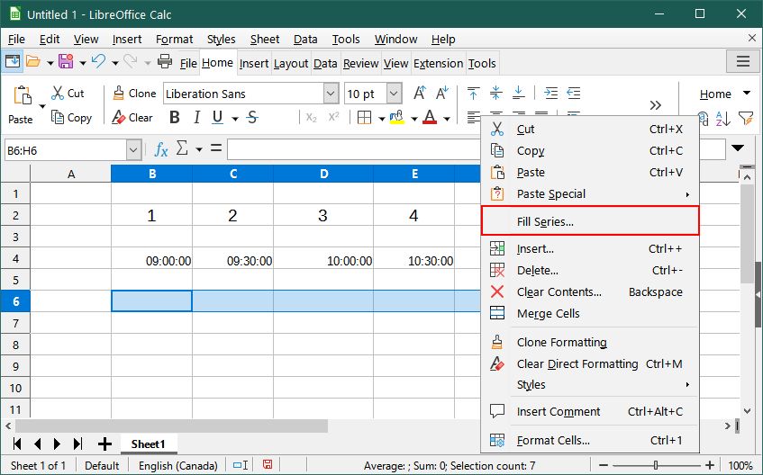 Доступ к меню Fill Series в LibreOffice Calc