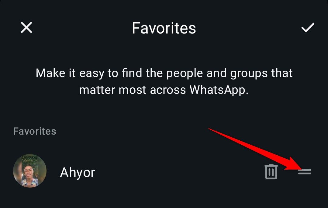 Страница сортировки избранного в WhatsApp