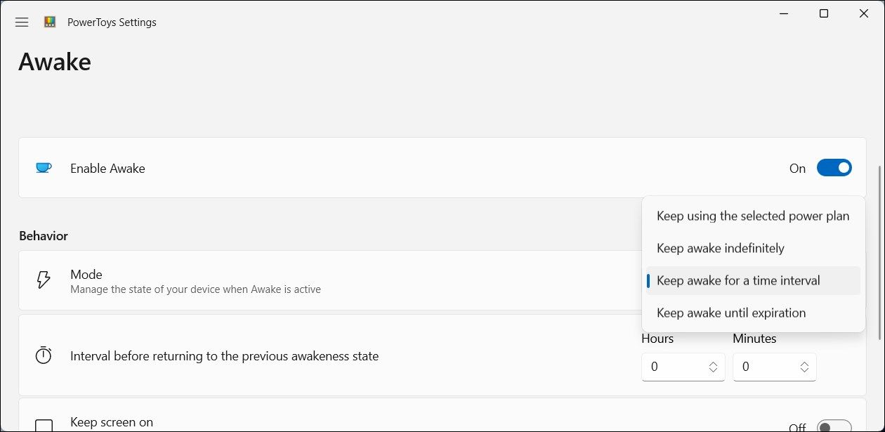 Окно настроек PowerToys с включённой опцией Awake