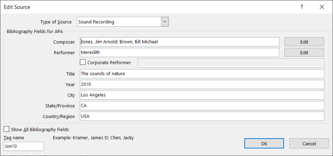 Окно редактирования источника в Word