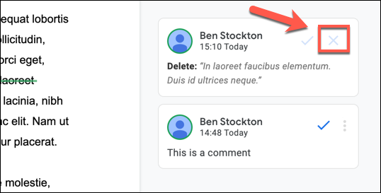 Кнопка X для отклонения предложения в поле предложенной правки