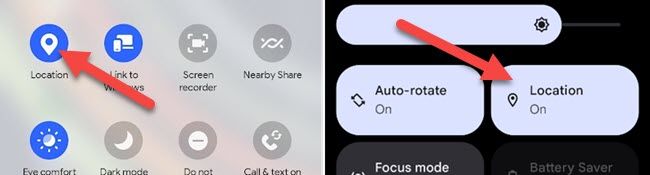 Переключатели «Местоположение» на устройствах Samsung и Pixel.