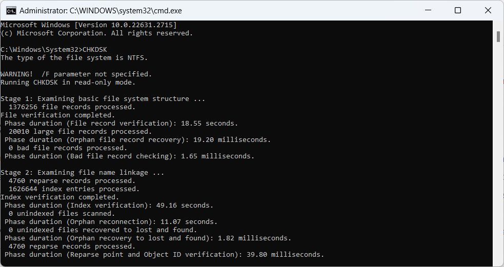Запуск CHKDSK в командной строке