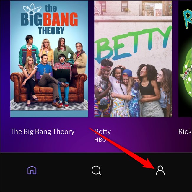 Вкладка Профиль в правом нижнем углу интерфейса мобильного приложения HBO Max